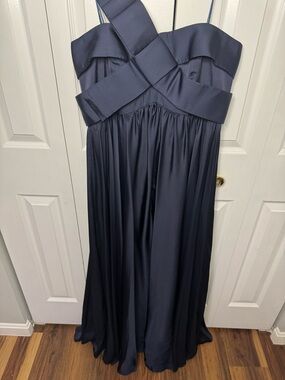 JS Collections Navy Satin Strapless Maxi Gown Sculpted Cross-Over Bodice Size 10